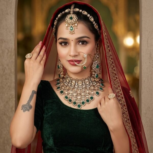 Jamani Premium Emerald Green Kundan Mini Bridal Set