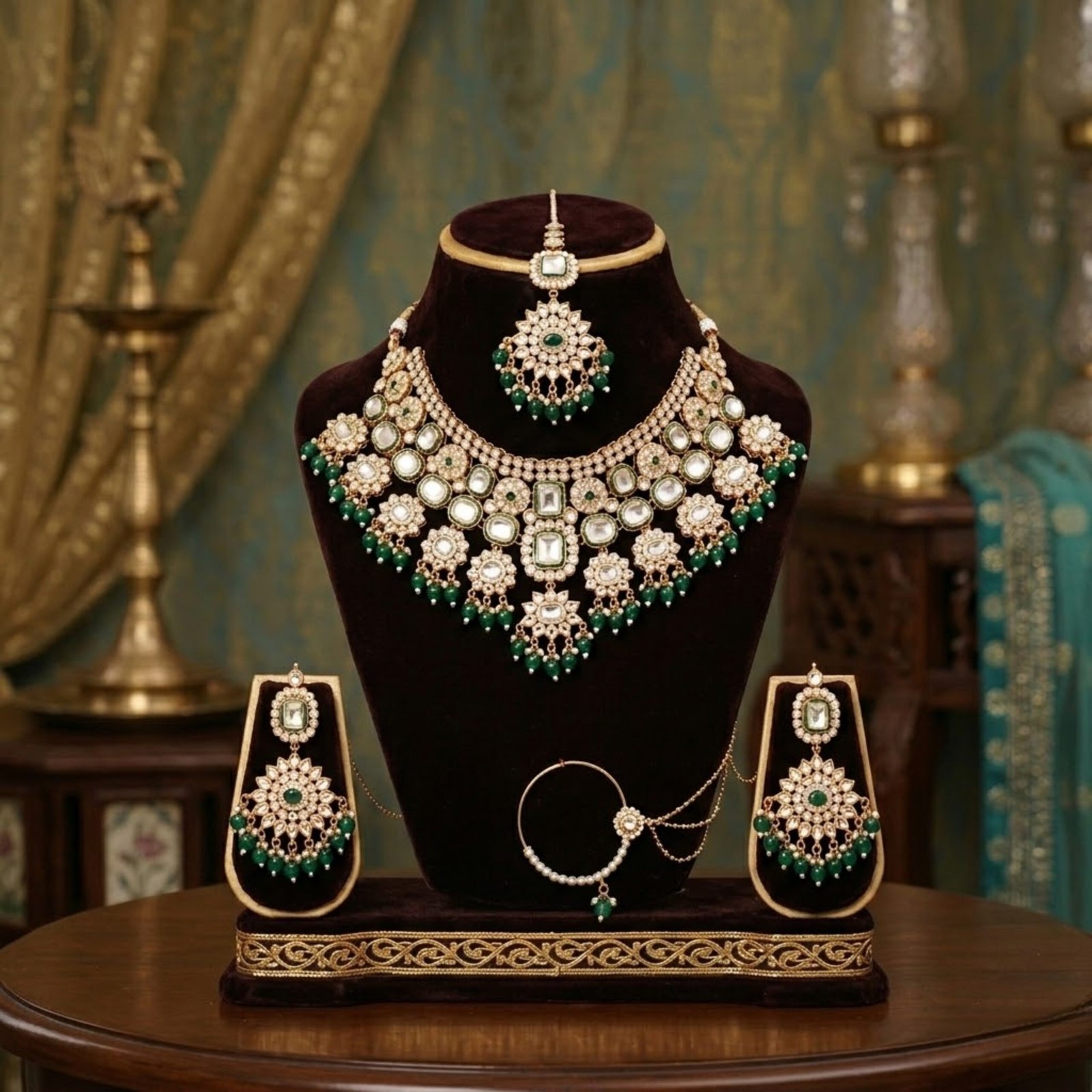 Jamani Premium Emerald Green Kundan Mini Bridal Set - Image 2