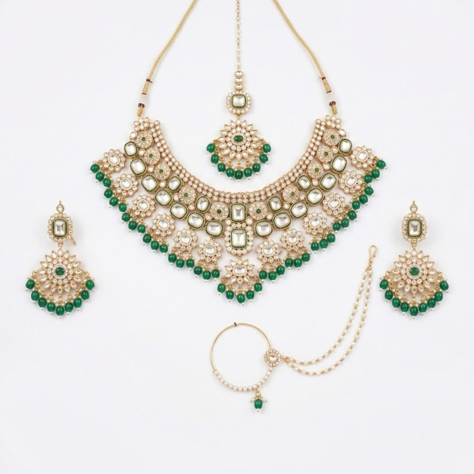 Jamani Premium Emerald Green Kundan Mini Bridal Set - Image 3