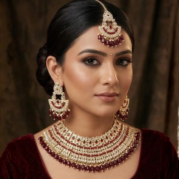 Jamani Premium Maroon Kundan Party Wear Necklace Set