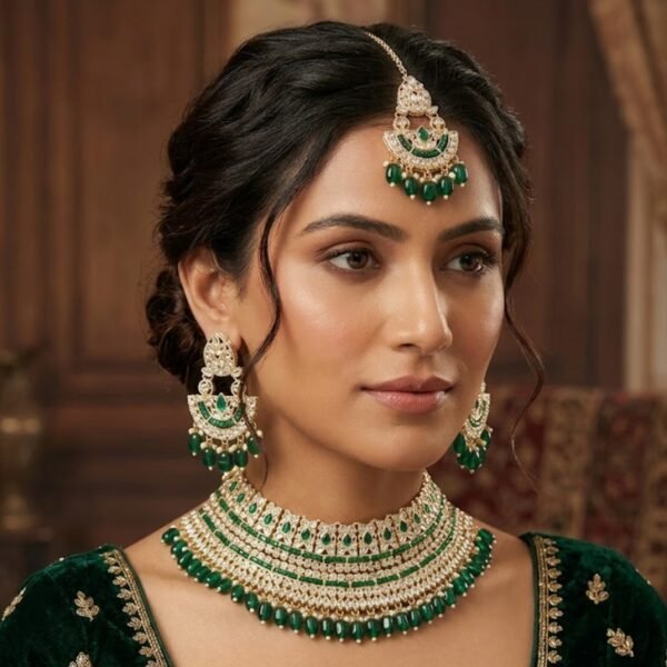 Jamani Premium Emerald Green Kundan Party Wear Necklace Set