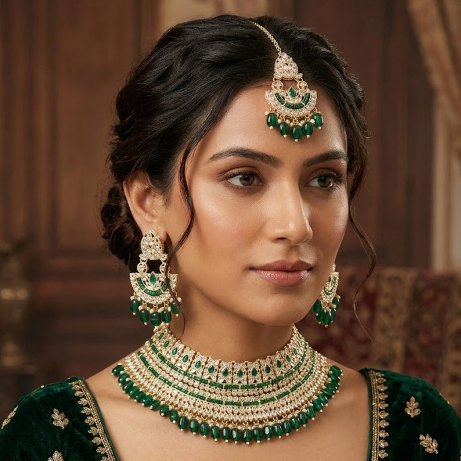 Jamani Premium Emerald Green Kundan Party Wear Necklace Set