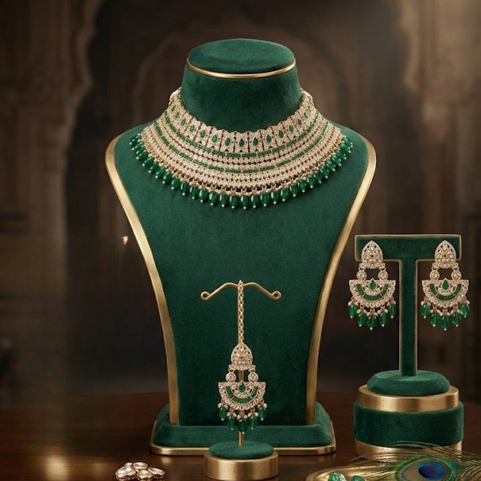 Jamani Premium Emerald Green Kundan Party Wear Necklace Set - Image 2