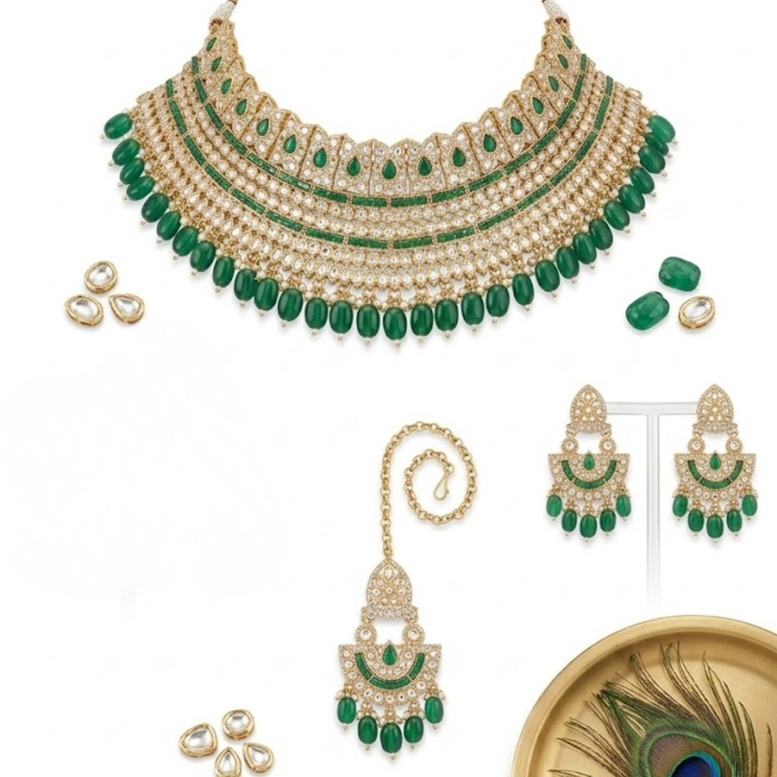 Jamani Premium Emerald Green Kundan Party Wear Necklace Set - Image 3