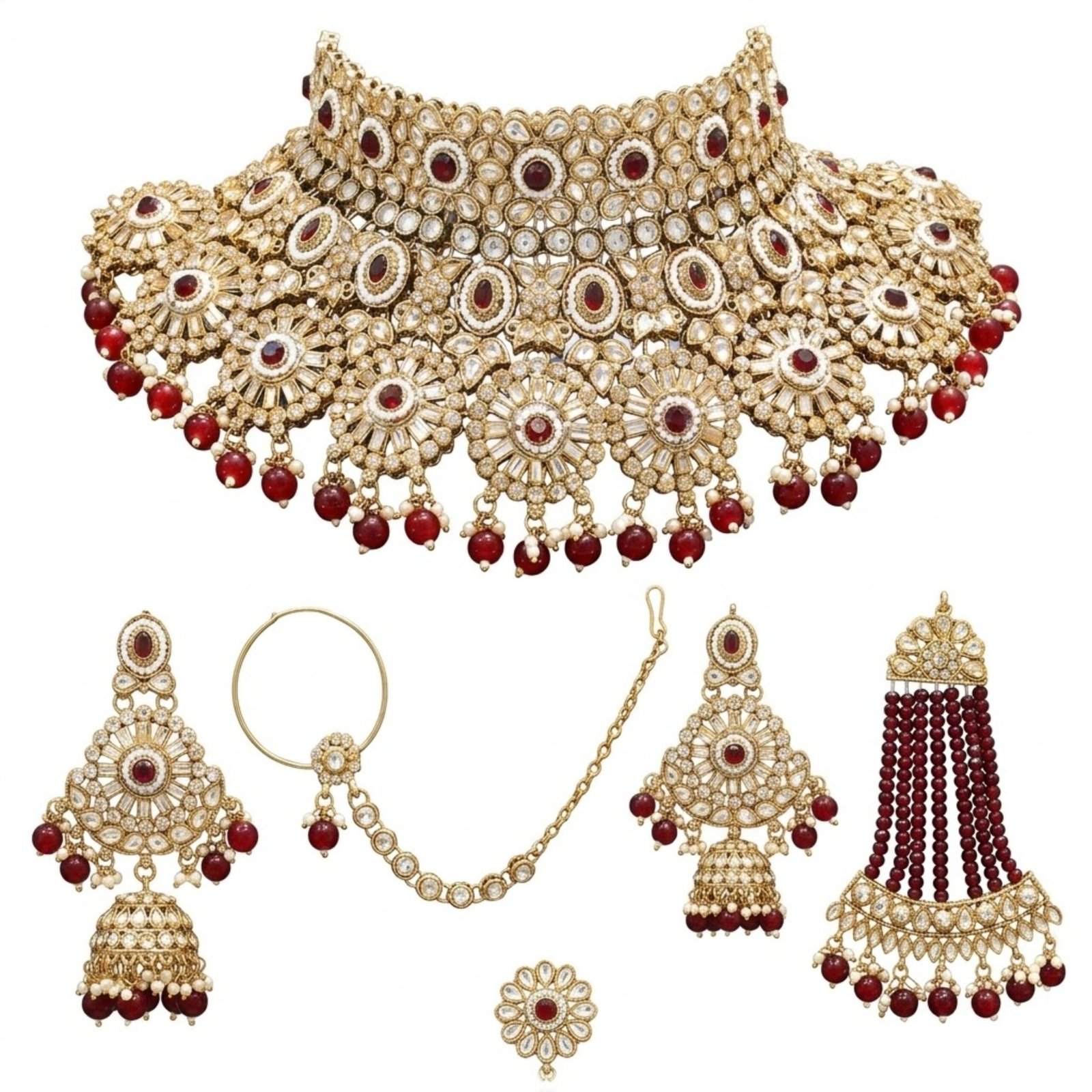 Jamani Premium Maroon Kundan Mini Bridal Set - Image 3